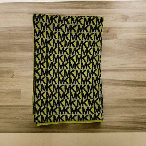 Michael Kors Signature MK Logo  Scarf Muffler Lemon Charcoal 68” - Picture 2 of 6